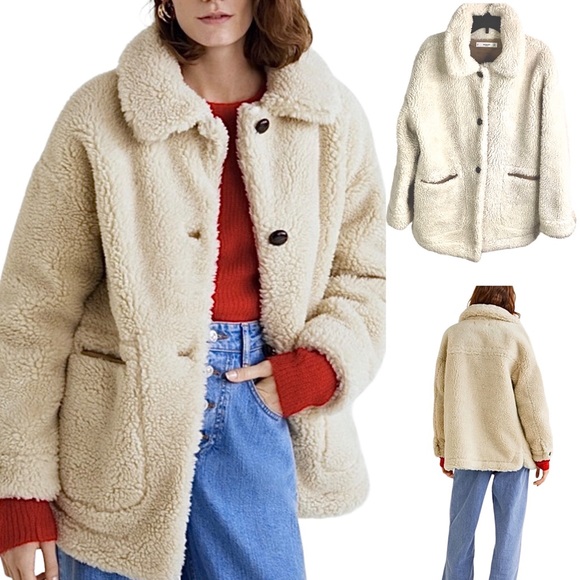 Mango Faux Shearling Fur Inside Suede Style Lined Teddy Coat Ecru Cream Medium - Picture 2 of 14
